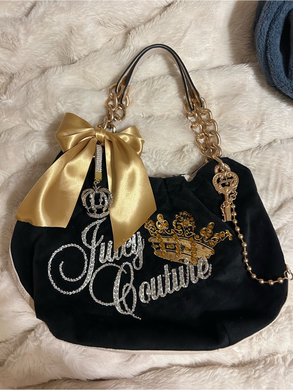 Juicy Couture Black Velour Logo Tote with crystal rhinestones and Gold Accents
